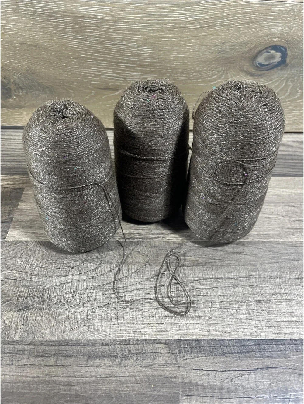 Fancy Cone Yarn Spool Yarn Light Brown Mohair Glitter Silver Sequins Lot Of 3